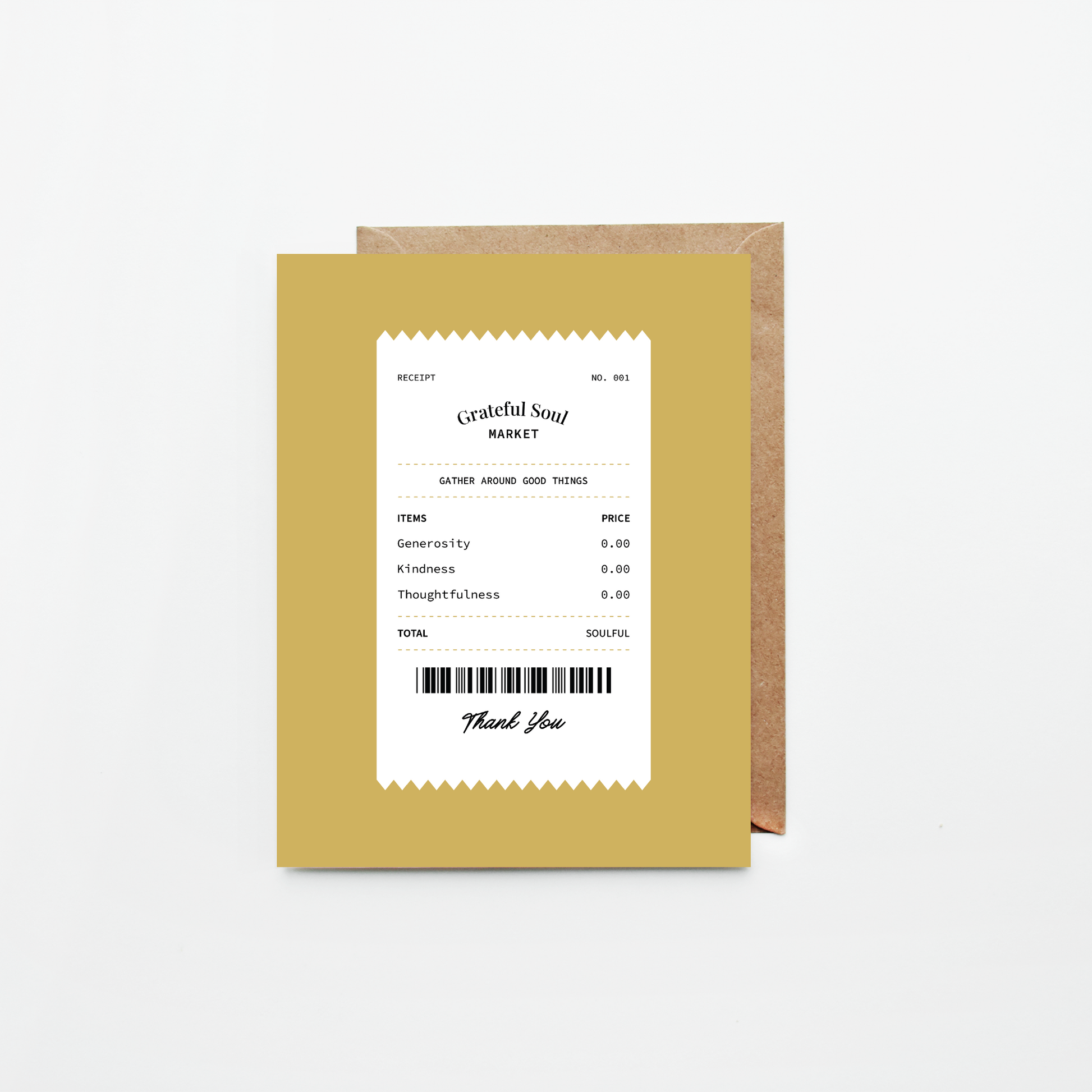 A mustard yellow greeting card with a white receipt-style design and black text, shown in front of a brown kraft envelope on a light gray background.
