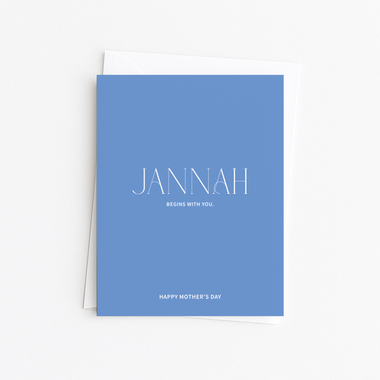 Blue card with 'Jannah Begins with You' text on a white background