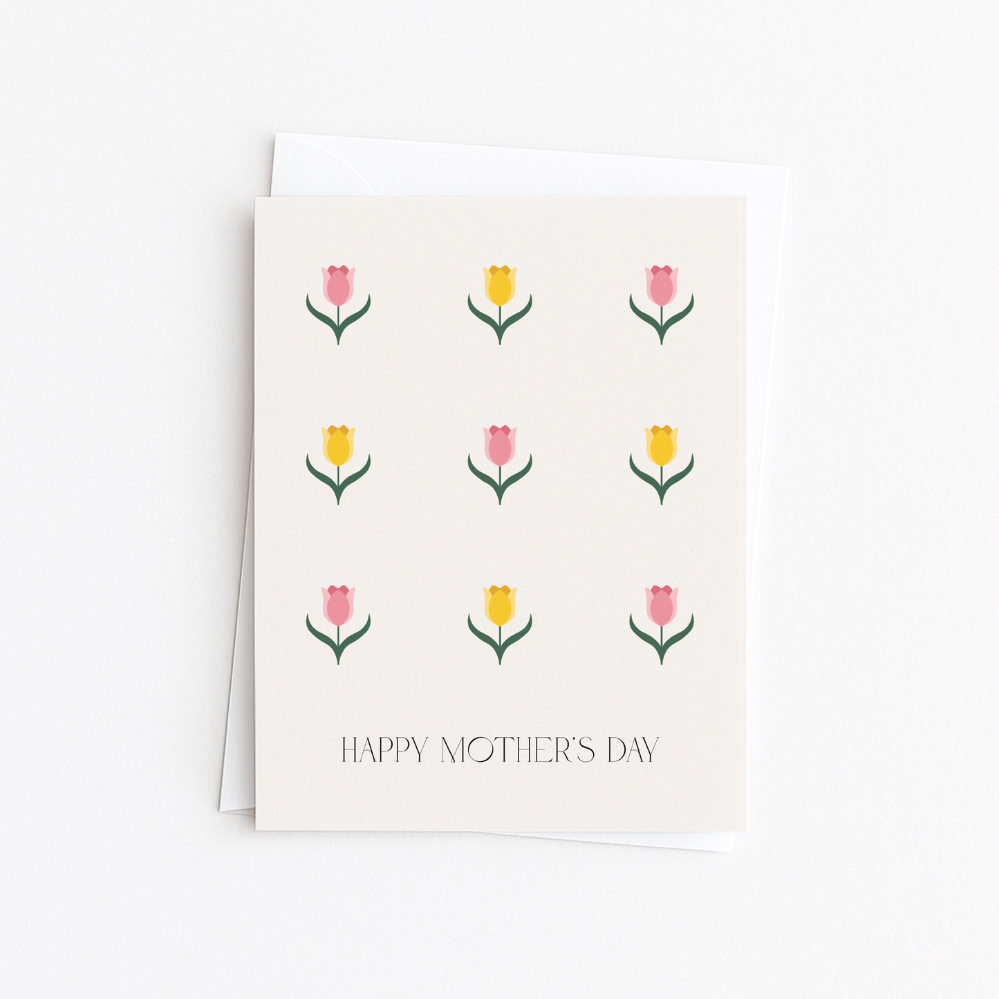 Greeting card with tulip illustrations and 'Happy Mother's Day' text on a white background