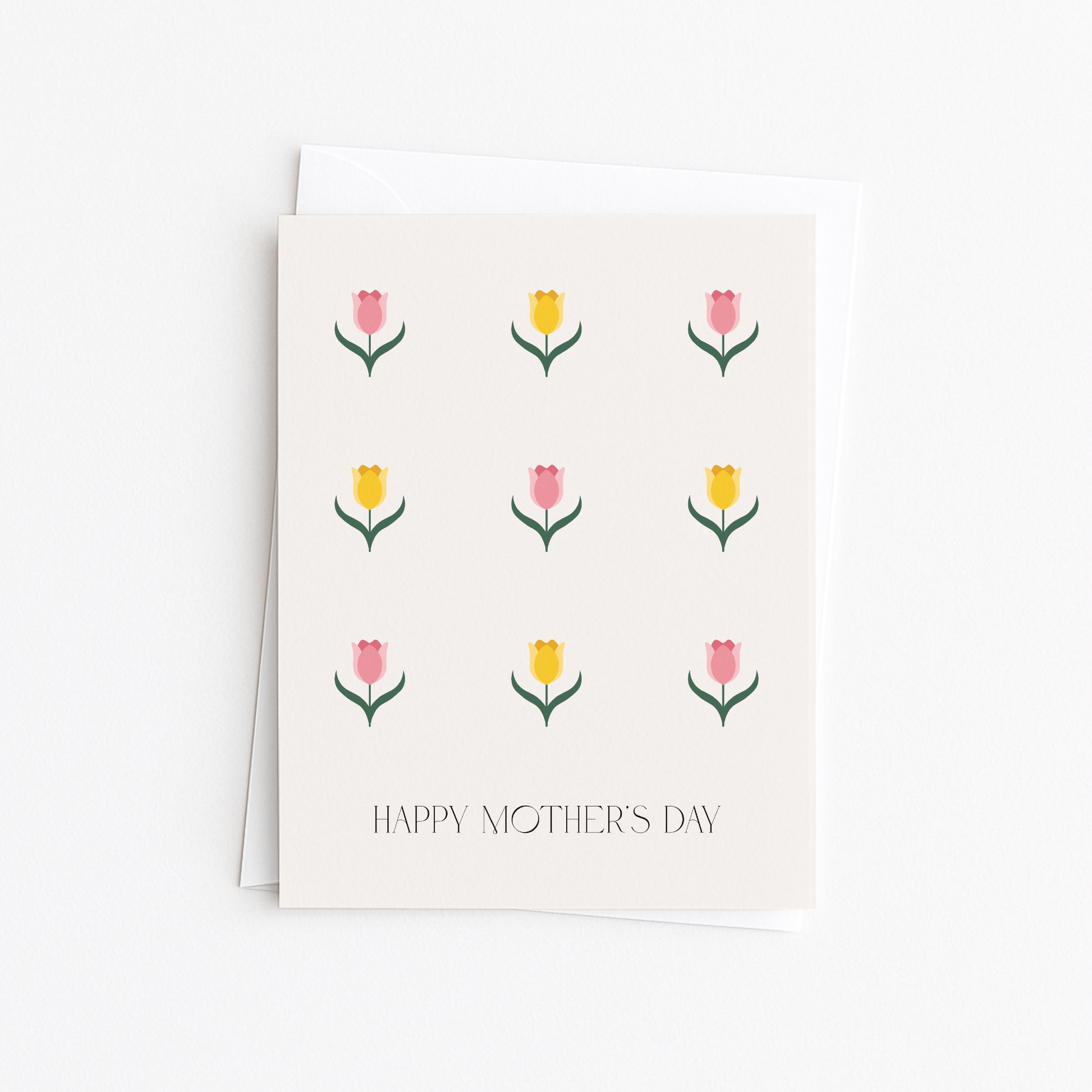 Greeting card with tulip illustrations and 'Happy Mother's Day' text on a white background