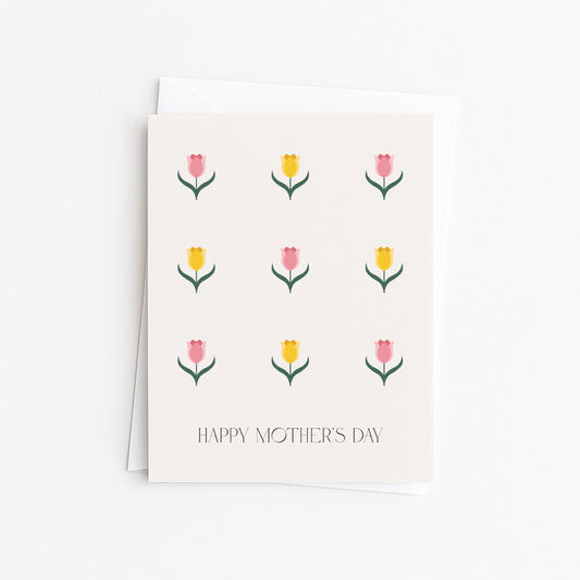 Greeting card with tulip illustrations and 'Happy Mother's Day' text on a white background